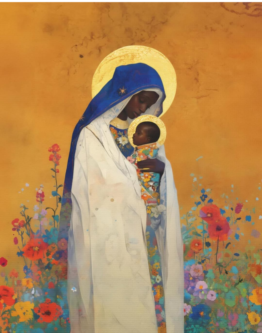 African representation of Our Lady of Consolation holding the Child Jesus