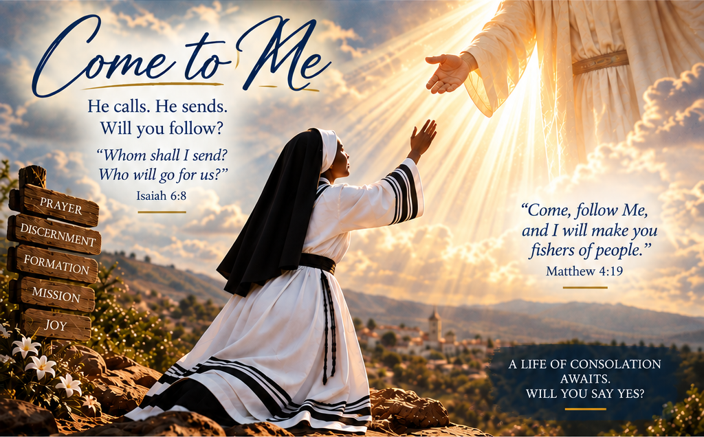 Artistic depiction of a Black Sister in a white and black striped ACMC-inspired habit responding to Christ's call in radiant light